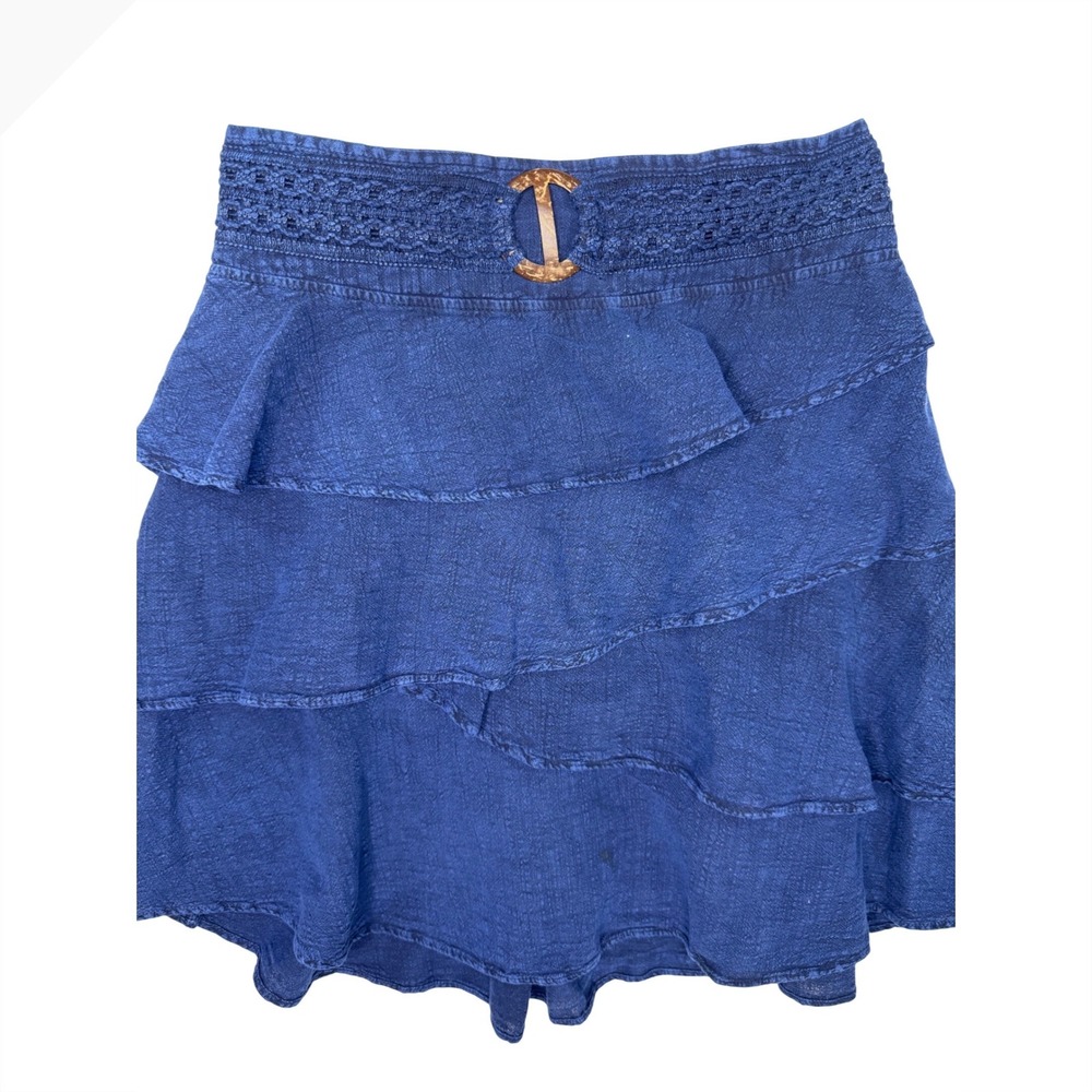 Cotton Natural Ruffle Tiered Smocked Waist Mini Skirt Blue Womens XL‎